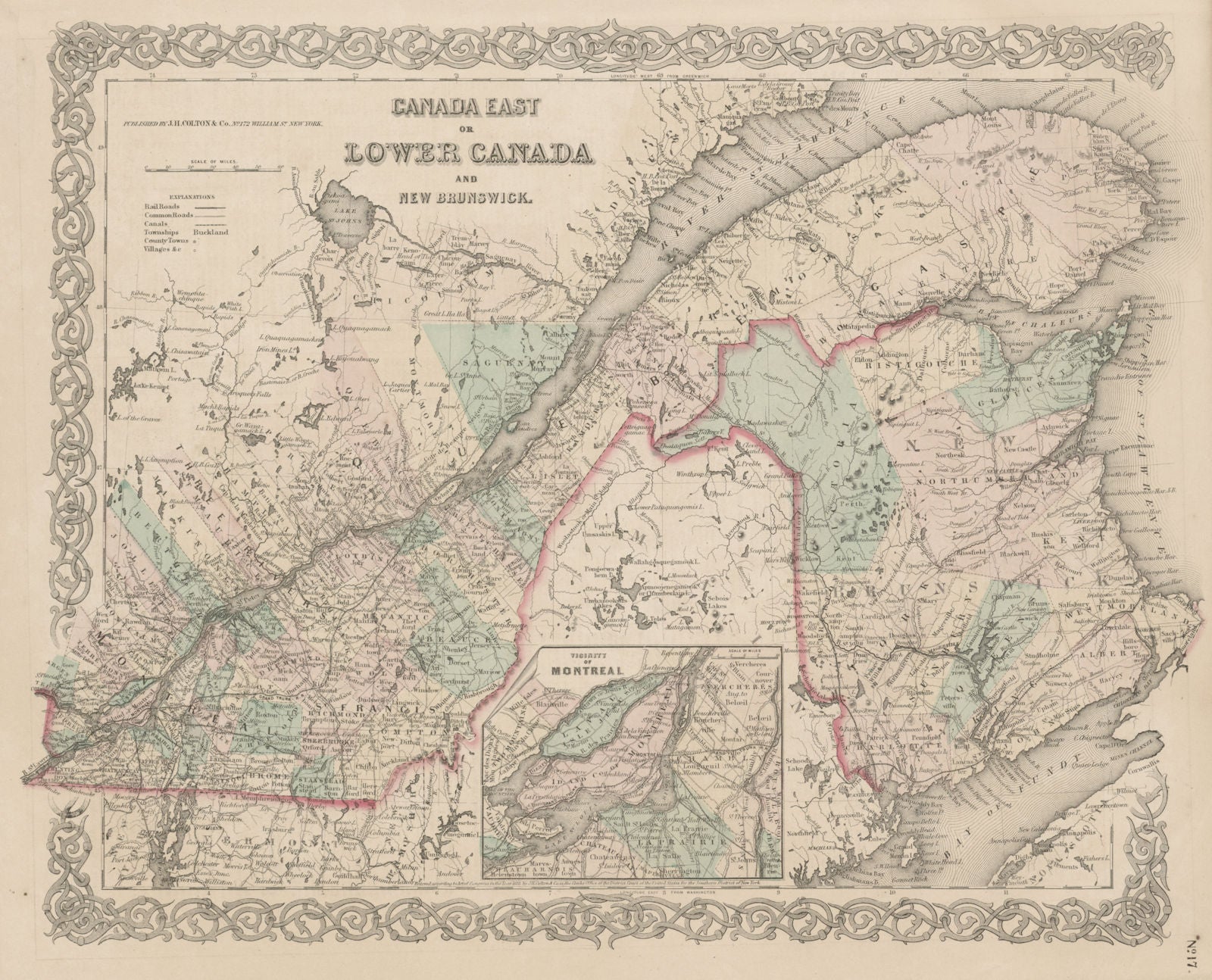 Canada East or Lower Canada and New Brunswick. St Lawrence. COLTON 1863 map